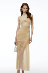Fiorella Champagne Sweetheart Ruched Maxi Dress