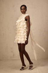 Fiorella Mini Dress - Sleeveless - Flounce Trim - Tiered Design - Self - tie Detail - Rear Zip Fastening
