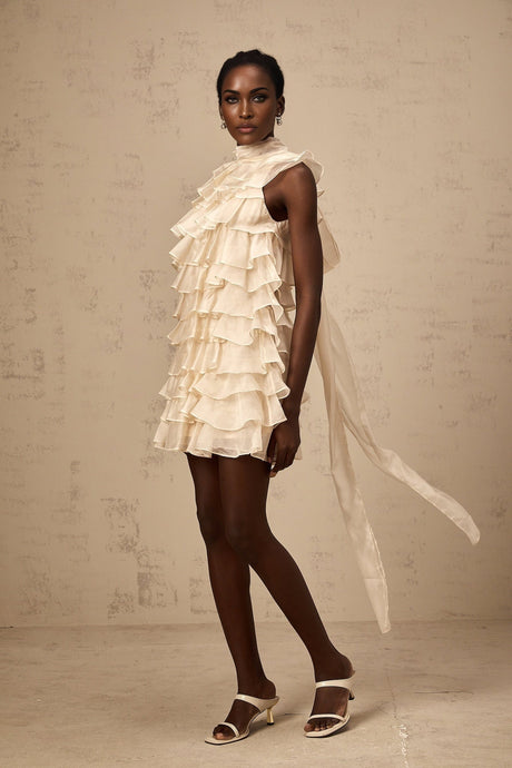 Fiorella Mini Dress - Sleeveless - Flounce Trim - Tiered Design - Self - tie Detail - Rear Zip Fastening
