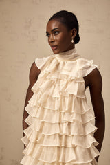 Fiorella Mini Dress - Sleeveless - Flounce Trim - Tiered Design - Self - tie Detail - Rear Zip Fastening
