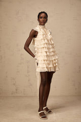 Fiorella Mini Dress - Sleeveless - Flounce Trim - Tiered Design - Self - tie Detail - Rear Zip Fastening