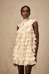 Fiorella Mini Dress - Sleeveless - Flounce Trim - Tiered Design - Self - tie Detail - Rear Zip Fastening