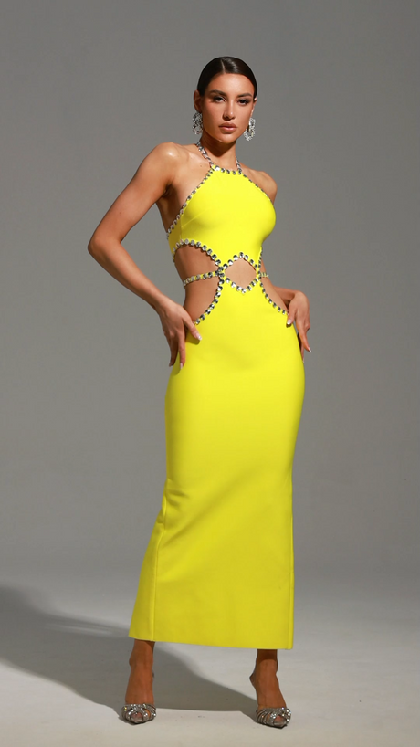 Fiorella Yellow Halter Neck Diamond Detailing Full Length Dress