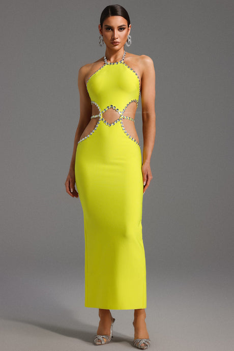Fiorella Yellow Halter Neckline Diamond Detailing Full-Length Dress