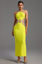 Fiorella Yellow Halter Neckline Diamond Detailing Full-Length Dress