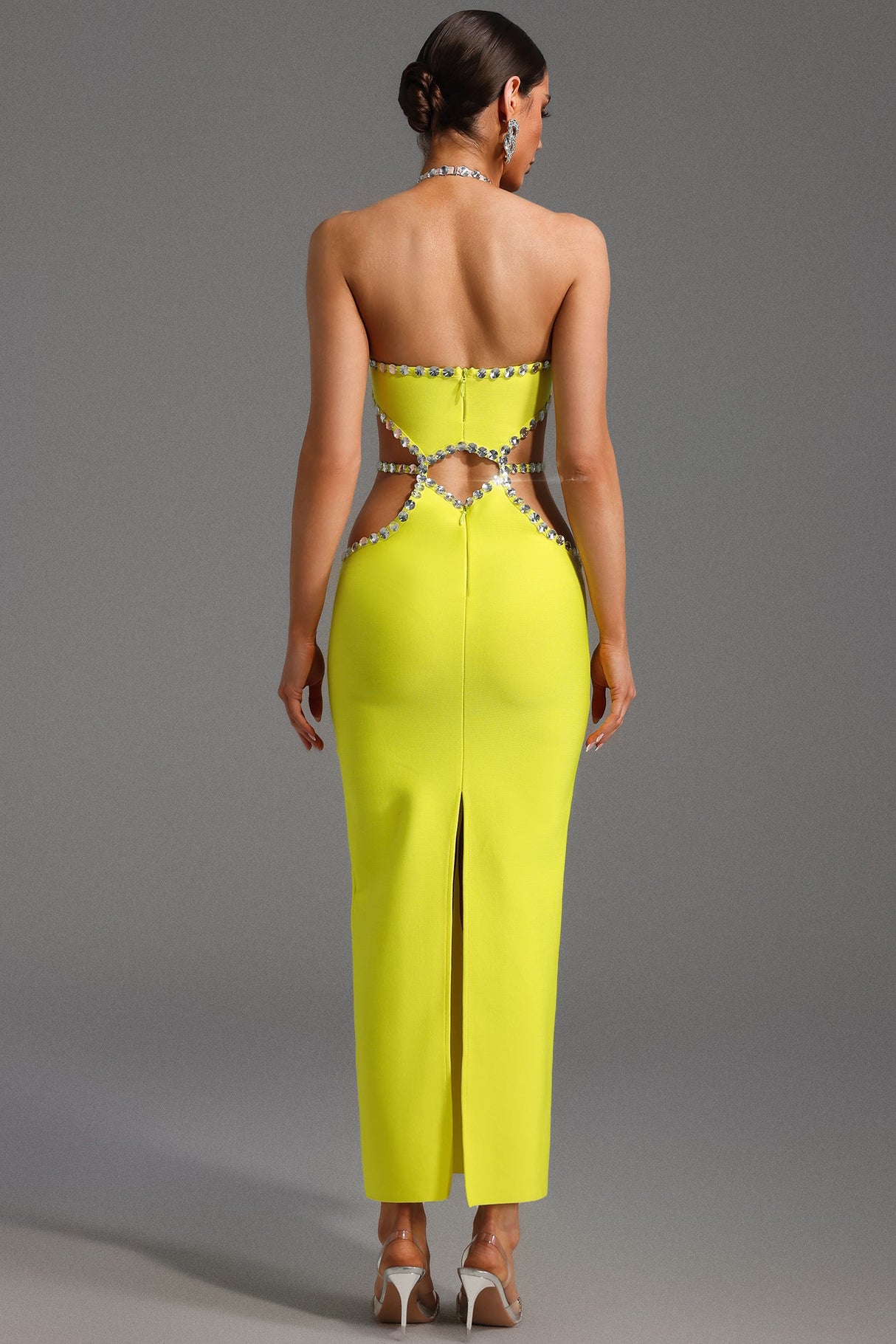 Fiorella Yellow Halter Neckline Diamond Detailing Full-Length Dress