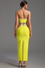 Fiorella Yellow Halter Neckline Diamond Detailing Full-Length Dress