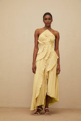 Fiorenza Midi Dress - Halterneck - Sleeveless - Fully - Pleated - Ruffled Trim - Asymmetrical Design