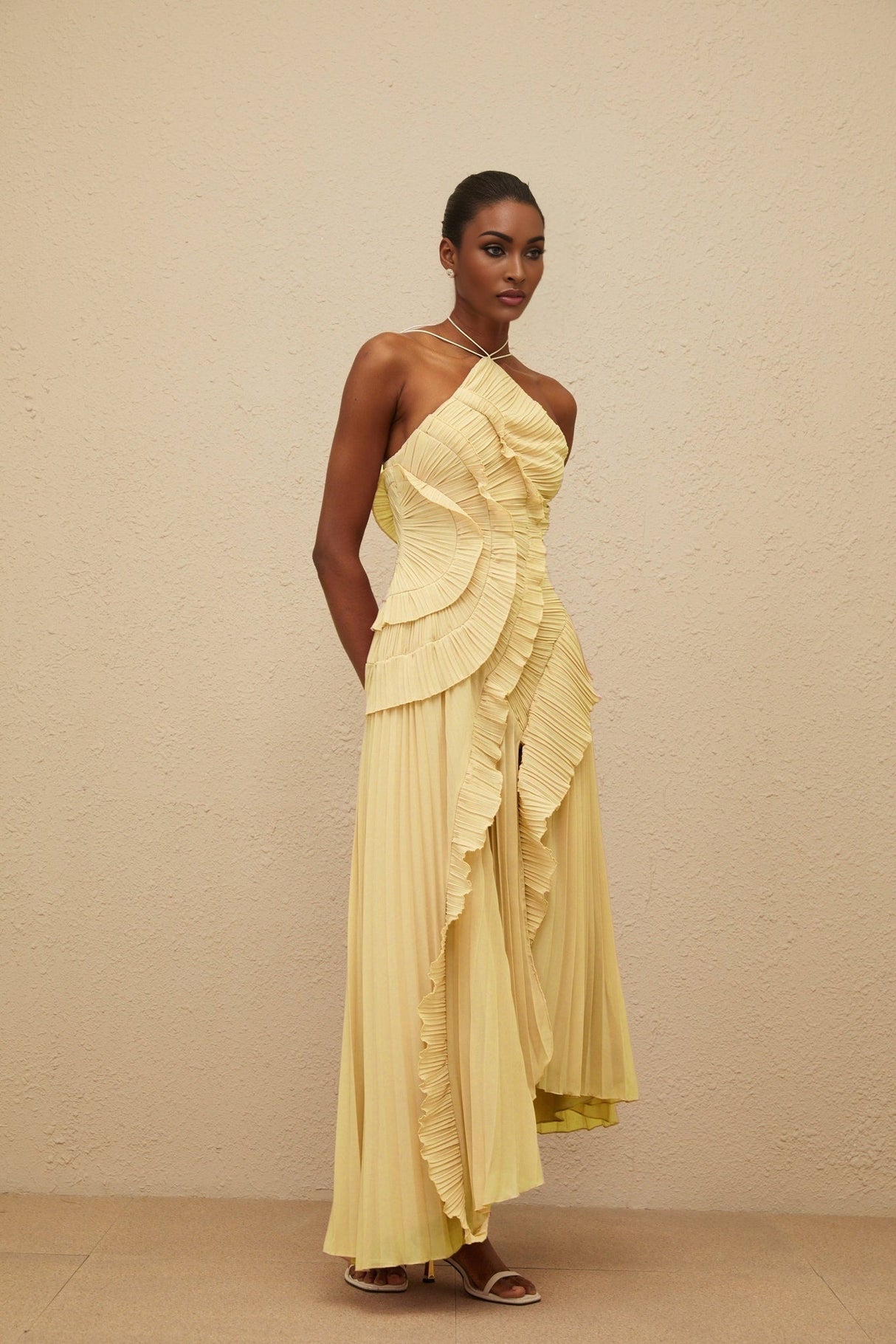 Fiorenza Midi Dress - Halterneck - Sleeveless - Fully - Pleated - Ruffled Trim - Asymmetrical Design