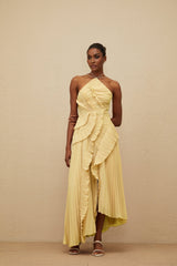 Fiorenza Midi Dress - Halterneck - Sleeveless - Fully - Pleated - Ruffled Trim - Asymmetrical Design