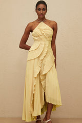 Fiorenza Midi Dress - Halterneck - Sleeveless - Fully - Pleated - Ruffled Trim - Asymmetrical Design