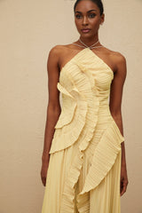 Fiorenza Midi Dress - Halterneck - Sleeveless - Fully - Pleated - Ruffled Trim - Asymmetrical Design