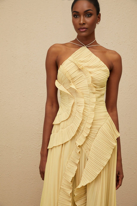 Fiorenza Midi Dress - Halterneck - Sleeveless - Fully - Pleated - Ruffled Trim - Asymmetrical Design