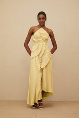 Fiorenza Midi Dress - Halterneck - Sleeveless - Fully - Pleated - Ruffled Trim - Asymmetrical Design