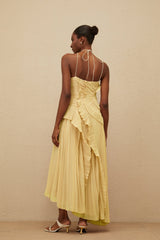 Fiorenza Midi Dress - Halterneck - Sleeveless - Fully - Pleated - Ruffled Trim - Asymmetrical Design