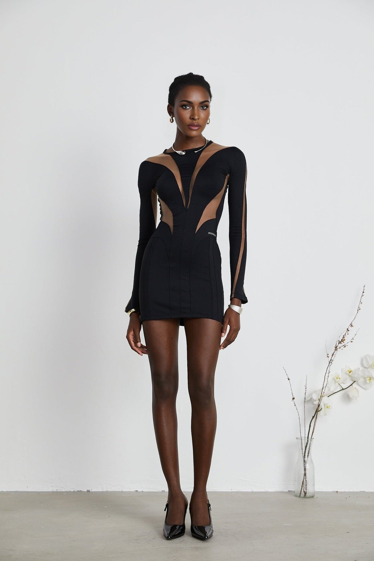 Fiorenza Mini Dress - Long Sleeve - Stretch Design - Mesh Panelling - Rear Zip Fastening