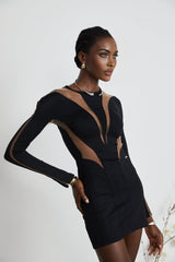 Fiorenza Mini Dress - Long Sleeve - Stretch Design - Mesh Panelling - Rear Zip Fastening
