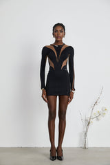 Fiorenza Mini Dress - Long Sleeve - Stretch Design - Mesh Panelling - Rear Zip Fastening