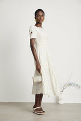 Fiorina Midi Dress - Faux - Pearl Embellishment - Cut - Out Design - Lace Trim - Flounce Hem - A - Line Fit
