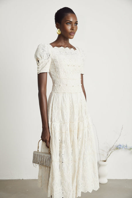 Fiorina Midi Dress - Faux - Pearl Embellishment - Cut - Out Design - Lace Trim - Flounce Hem - A - Line Fit