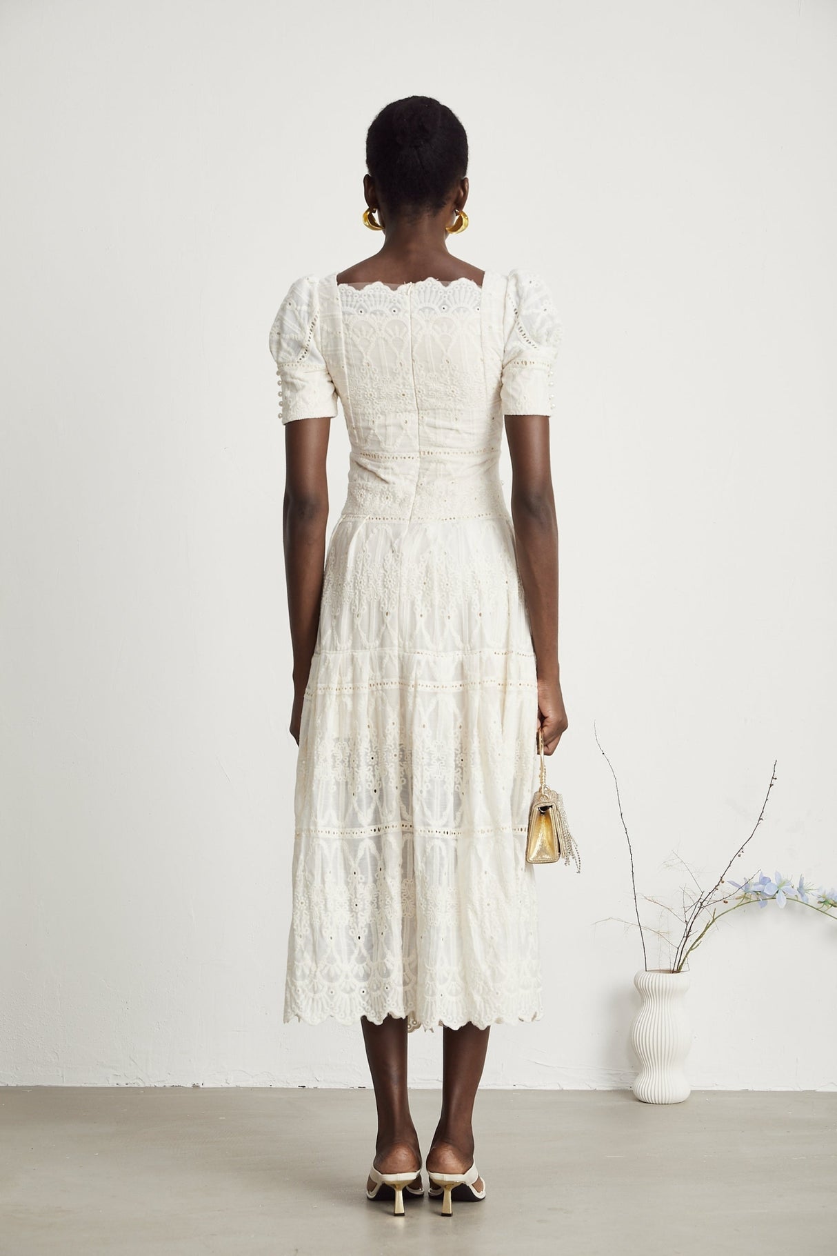 Fiorina Midi Dress - Faux - Pearl Embellishment - Cut - Out Design - Lace Trim - Flounce Hem - A - Line Fit