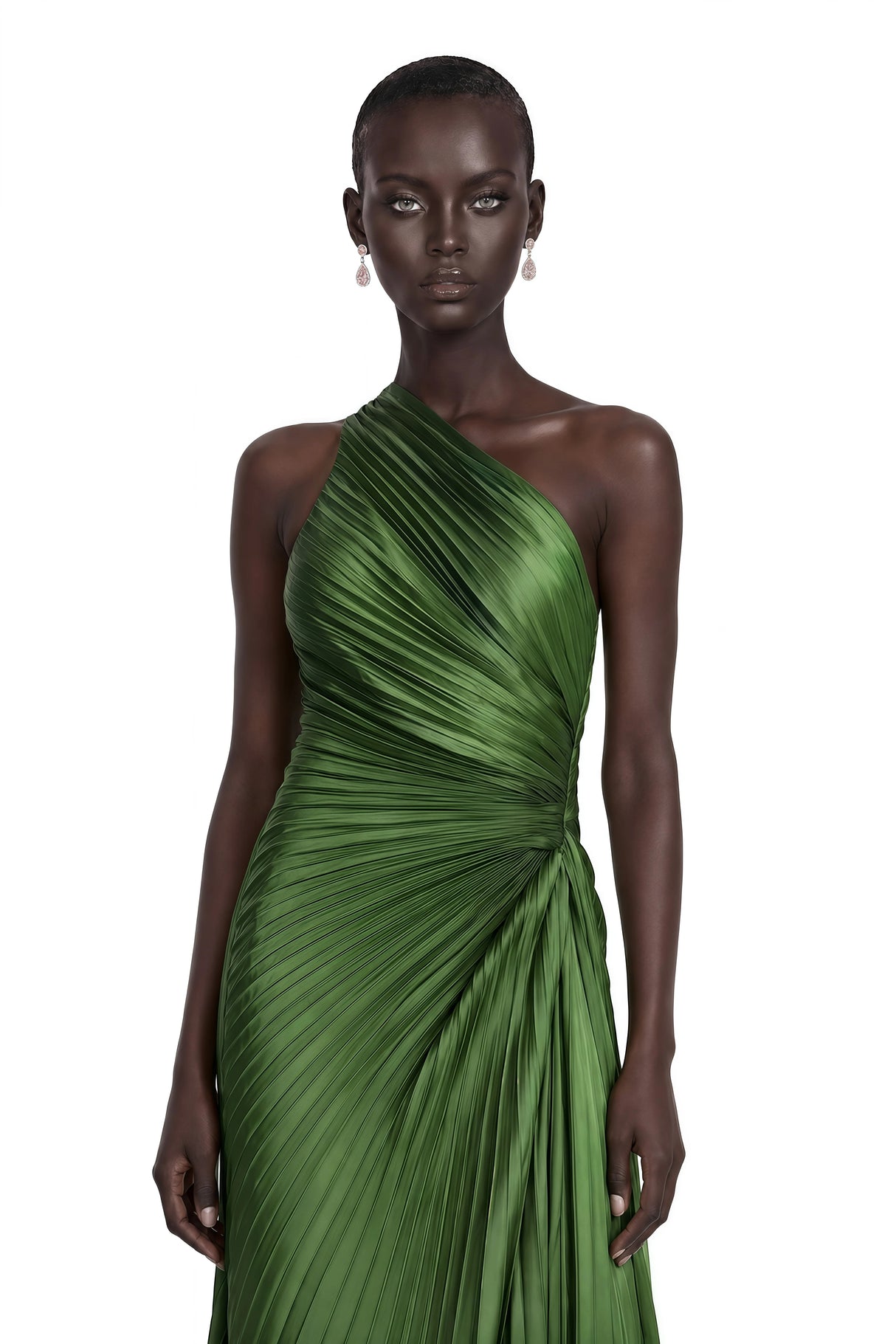 Firoozeh Emerald Green One Shoulder Pleated Maxi Dress