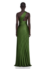 Firoozeh Emerald Green One Shoulder Pleated Maxi Dress