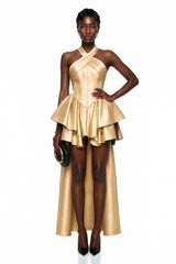 Firuze Gold Cross Front Asymmetrical Tiered Mini Dress