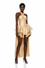Firuze Gold Cross Front Asymmetrical Tiered Mini Dress