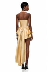 Firuze Gold Cross Front Asymmetrical Tiered Mini Dress