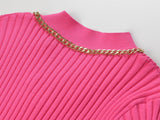 Fitted Ribbed Top – Gold Button Accents – Pocket Detail – Chain Trim – Tailored Silhouette – Stretch Fabric