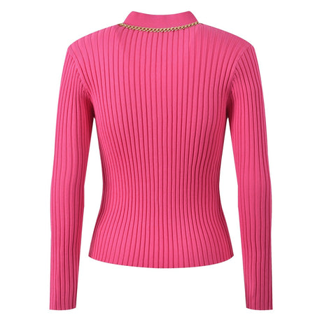 Fitted Ribbed Top – Gold Button Accents – Pocket Detail – Chain Trim – Tailored Silhouette – Stretch Fabric