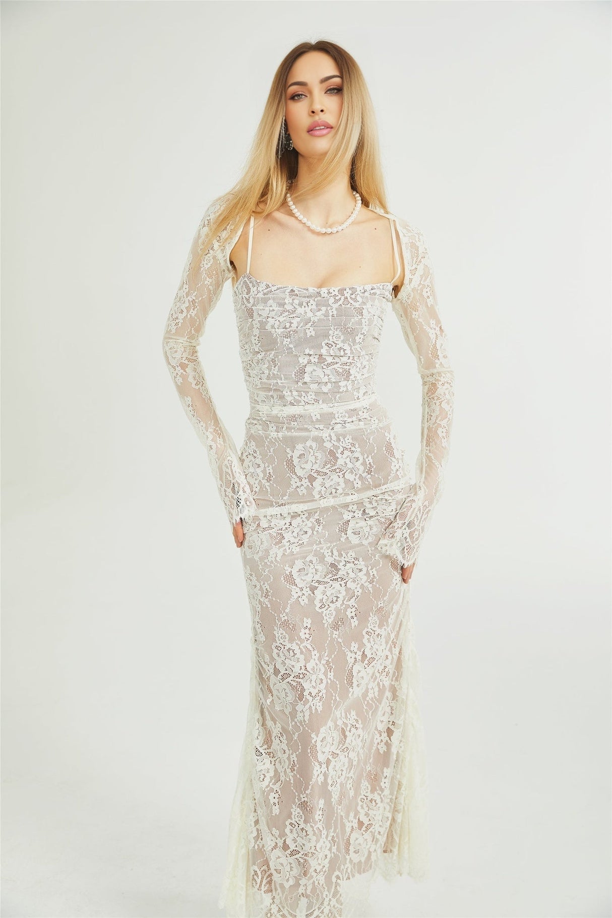 Flaminia Floral Maxi Dress - Delicate Spaghetti Straps - Pleated Detailing - Elegant Mesh Design - Side Zip with Rear Tie Fastening