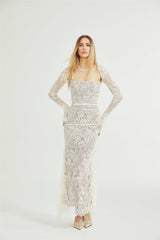 Flaminia Floral Maxi Dress - Delicate Spaghetti Straps - Pleated Detailing - Elegant Mesh Design - Side Zip with Rear Tie Fastening
