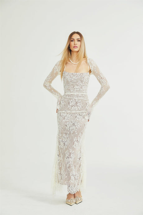 Flaminia Floral Maxi Dress - Delicate Spaghetti Straps - Pleated Detailing - Elegant Mesh Design - Side Zip with Rear Tie Fastening