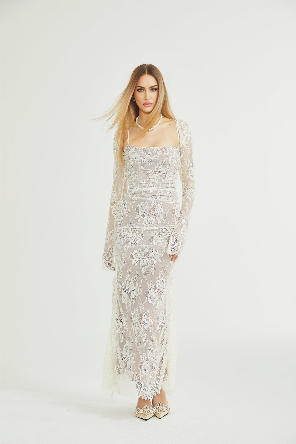 Flaminia Floral Maxi Dress - Delicate Spaghetti Straps - Pleated Detailing - Elegant Mesh Design - Side Zip with Rear Tie Fastening