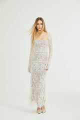 Flaminia Floral Maxi Dress - Delicate Spaghetti Straps - Pleated Detailing - Elegant Mesh Design - Side Zip with Rear Tie Fastening