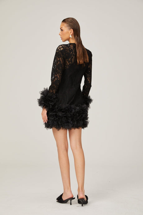 Flaminia Lace Overlay Mini Dress - Semi Sheer - Feather Trim - Layered Design - Rear Zip Fastening