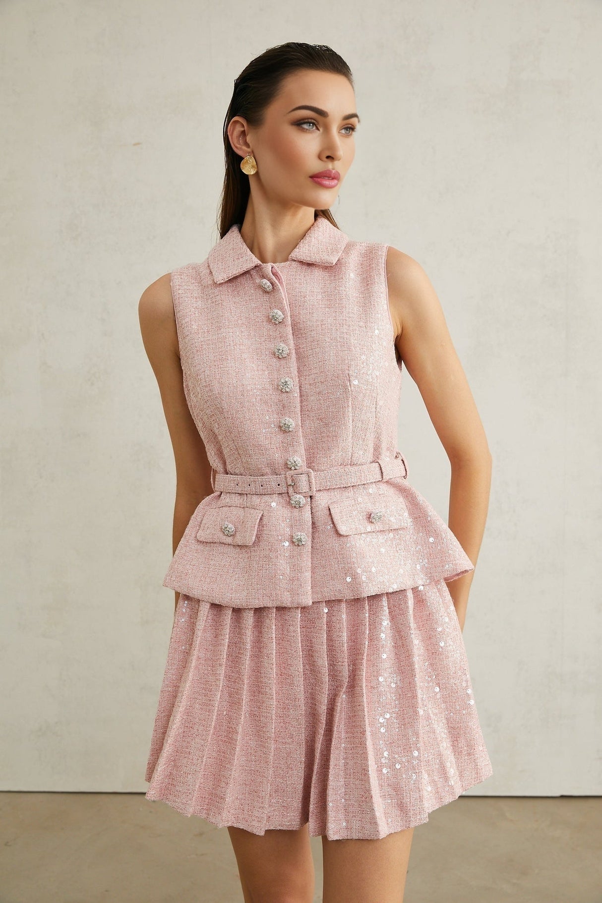 Flaminia Mini Dress - Lapels - Sleeveless - Pleated Design - Sequin Embellishment