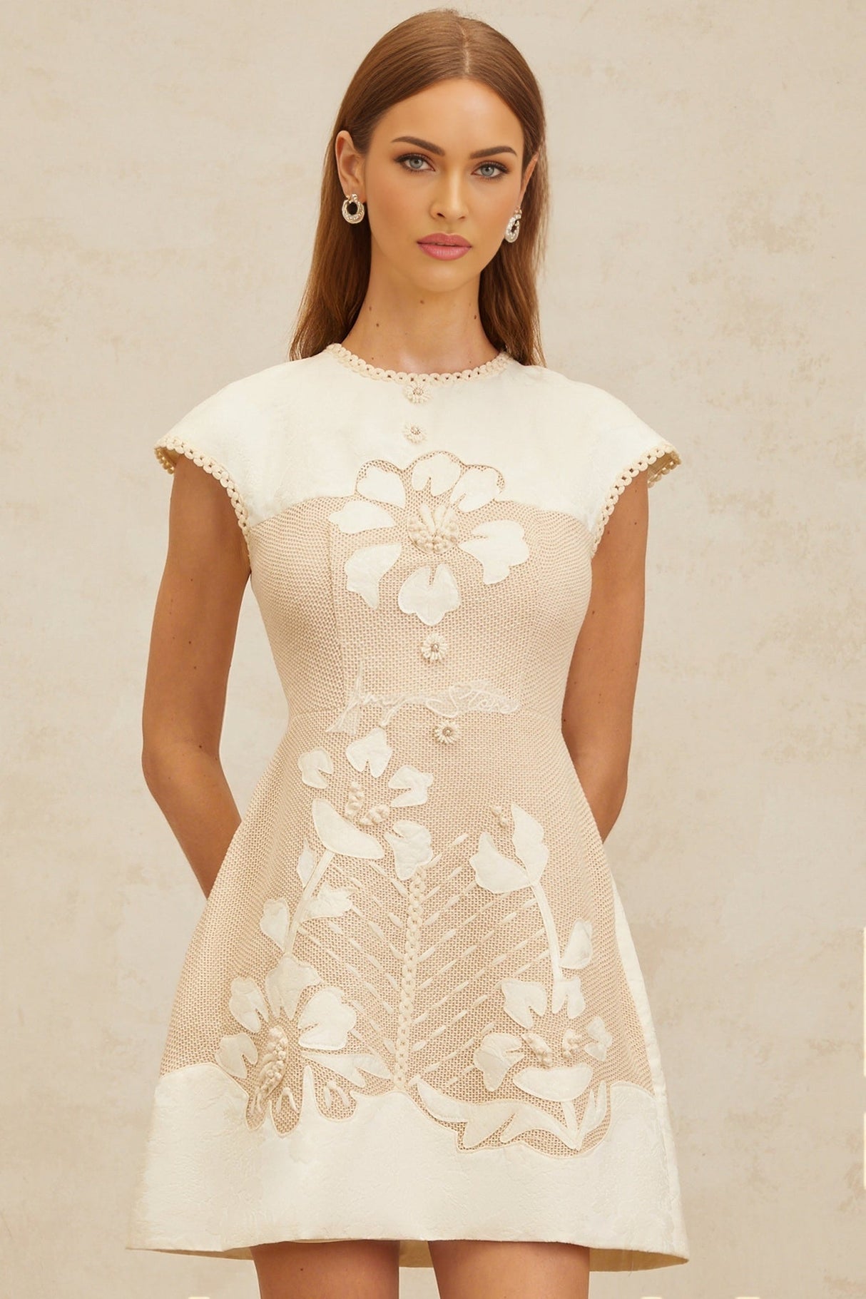 Flaminia Mini Dress - Neutral Tones - Cap Sleeves - Cinched Waist - A - Line Silhouette - Crochet Panelling