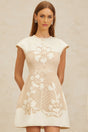 Flaminia Mini Dress - Neutral Tones - Cap Sleeves - Cinched Waist - A - Line Silhouette - Crochet Panelling