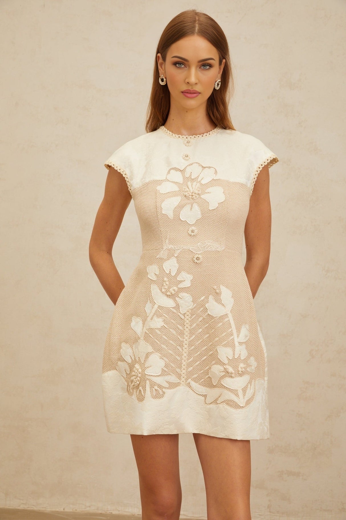 Flaminia Mini Dress - Neutral Tones - Cap Sleeves - Cinched Waist - A - Line Silhouette - Crochet Panelling