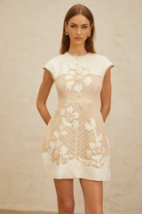 Flaminia Mini Dress - Neutral Tones - Cap Sleeves - Cinched Waist - A - Line Silhouette - Crochet Panelling