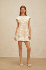Flaminia Mini Dress - Neutral Tones - Cap Sleeves - Cinched Waist - A - Line Silhouette - Crochet Panelling