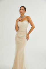 Flavia Maxi Dress - Off the Shoulder - Layered Design - Sequin & Pearl Embellishment - Rear Zip Fastening