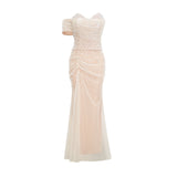 Flavia Maxi Dress - Off the Shoulder - Layered Design - Sequin & Pearl Embellishment - Rear Zip Fastening