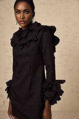 Flavia Mini Dress Black Ruffled Open - Back Thigh - Length