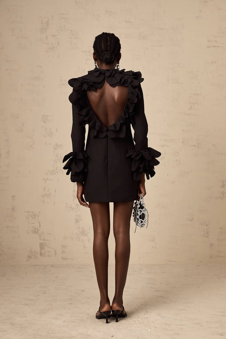 Flavia Mini Dress Black Ruffled Open - Back Thigh - Length
