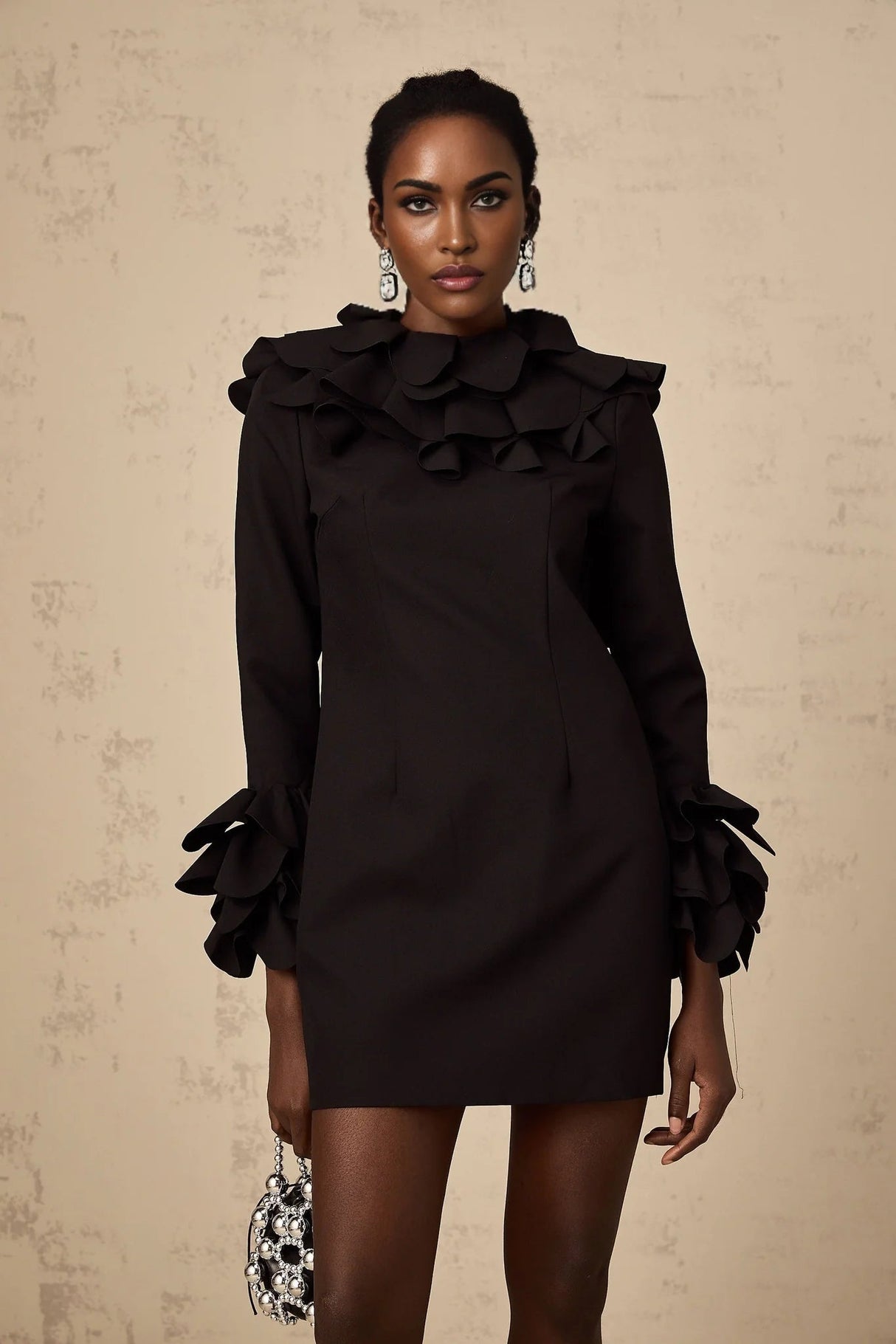 Flavia Mini Dress Black Ruffled Open - Back Thigh - Length