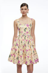 Flavie Neutral Floral Square Neck Tiered Mini Dress